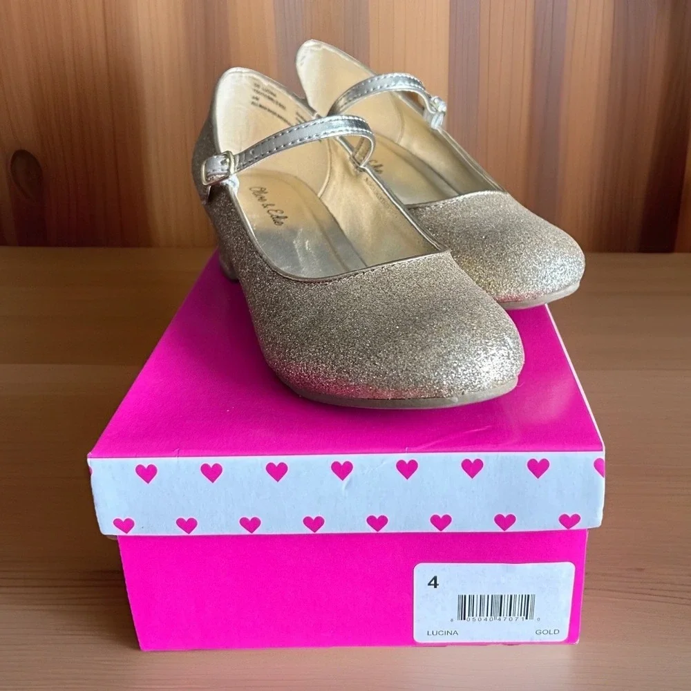 Olive‎ & Edie Lucina Mary Jane Youth Girls Size 4 Gold Glitter Heel Dressy Glam